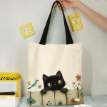 Sac à main imprimé chat noir pour femmes, sac à main à la mode en Polyester, sac de Shopping de plage pour femmes, sac à bandoulière à la mode pour usage quotidien