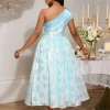 robe mi longue de luxe, asymétrique épaule dénudée, sans manches, bleu clair, jacquard, taille haute, ligne a, pour cocktail, anniversaire, soirée, robes longues de bal