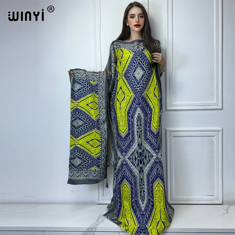 WINYI-Abaya pour femmes musulmanes, robe africaine dubaï, col ras du cou, kaftan imprimé, robe maxi élégante WINYI-Abaya pour femmes musulmanes, robe africaine dubaï, col ras du cou, kaftan imprimé, robe maxi élégante