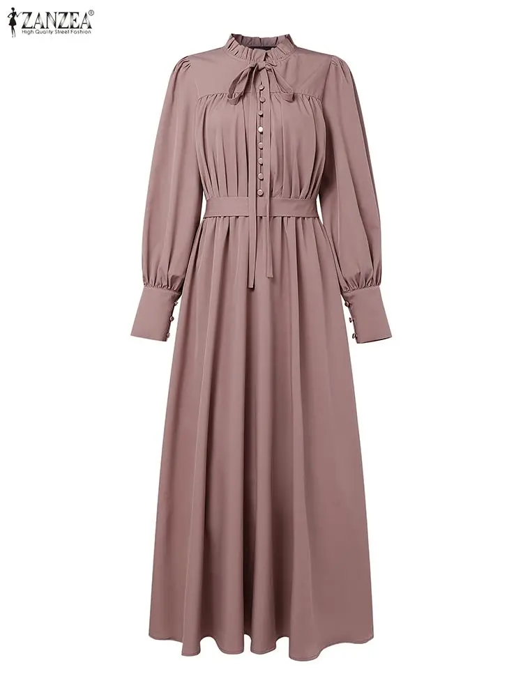 zanzea femmes luxe maxi robes élégant modeste col à volants noué taille à manches longues robe longue musulmane hijabs abaya robes s 3xl