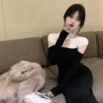 Robe Longue Grise à Col Roulé et Manches média pour Femme, Tenue de Soirée Maxi, Noire