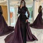 Robe de Soirée Sirène en Satin à Col Haut et Paillettes Noires, Tenue Personnalisée avec Traîne de Balayage, Quelle que soit l&rsquo;Arabie Saoudite 2025
