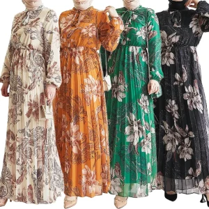 Abayas musulmanes pour femmes, en mousseline de soie, avec imprimé de fleurs plissées, col haut, robes longues de soirée dansante, robe élégante, nouvelle collection