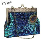 Luxe Antique paon bleu soirée pochette de mariage sac à main femmes paillettes perlées fête Cocktail sac à main avec chaîne en métal sac souple