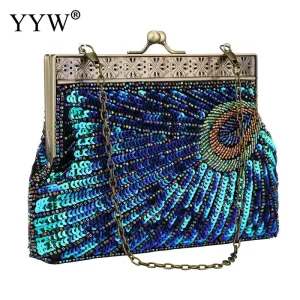Luxe Antique paon bleu soirée pochette de mariage sac à main femmes paillettes perlées fête Cocktail sac à main avec chaîne en métal sac souple