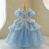 robe de princesse à fleurs scintillantes pour filles, manches bouffantes, en tulle à plusieurs niveaux, décolleté en perles, robe formelle de concours de fête de mariage, personnalisée