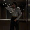 haut court à manches longues pailletées pour femmes, col rond, paillettes brillantes, t shirt de fête, culb de fête, pull décontracté basique, t shirt de soirée
