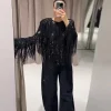vestes à franges à paillettes pour femmes, manteaux noirs à manches longues, col rond, simple boutonnage, mode printemps hiver 2021, vêtements d'extérieur urbains pour dames