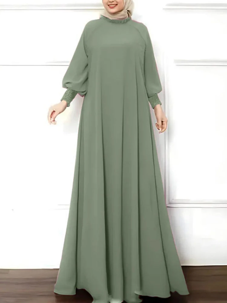 zanzea islamique hijab élégant robes mode musulmane froncé manchette femmes à manches longues maxi robe solide à volants col rond abaya robes