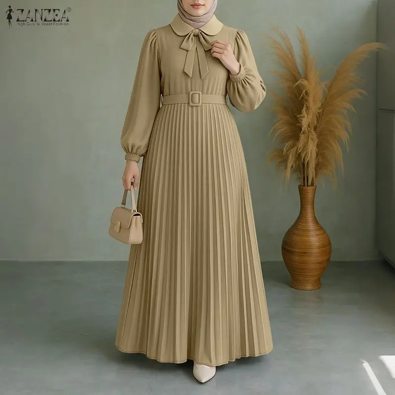 zanzea mode robe musulmane abaya femmes longue lanterne manches plissée robe d'été ceinturée robe femme travail robes 2025 robes d'automne