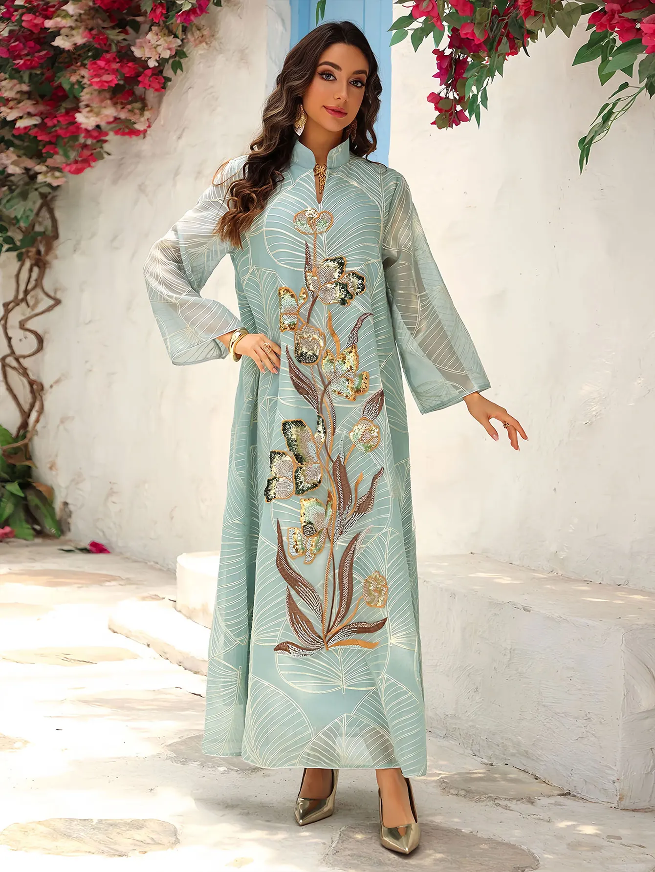 abaya musulman de luxe inspiré de la dubaï, broderie de fleurs à paillettes exquises sur motif de feuilles, idéale pour les événements sociaux du moyen orient