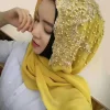hijab musulman en mousseline de soie pour femme, longue Écharpe perlée, avec diamants dorés et paillettes, à la mode, turban uni