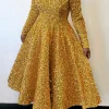 robe de cocktail mi longue plissée à paillettes, robe trapèze, manches longues, col rond, semi formel, grande taille, mode printemps, 2024