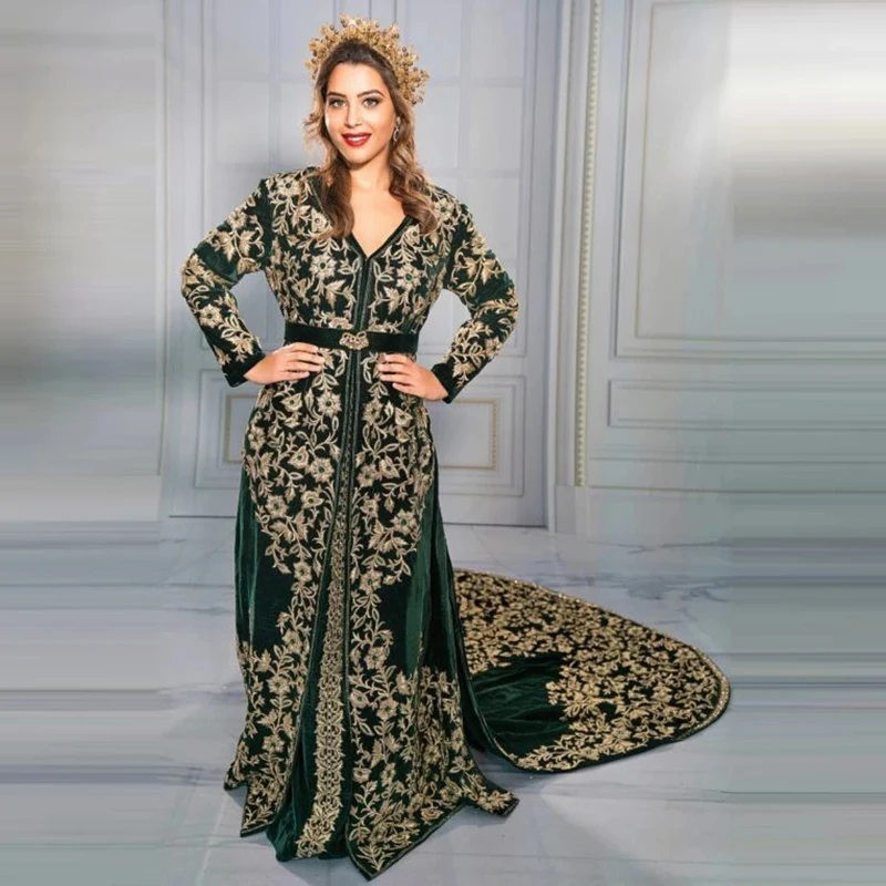 Caftan marocain personnalisé robes de soirée musulmanes a-ligne manches longues velours Appliques dubaï arabe Caftan Abaya robe islamique Caftan marocain personnalisé robes de soirée musulmanes a-ligne manches longues velours Appliques dubaï arabe Caftan Abaya robe islamique