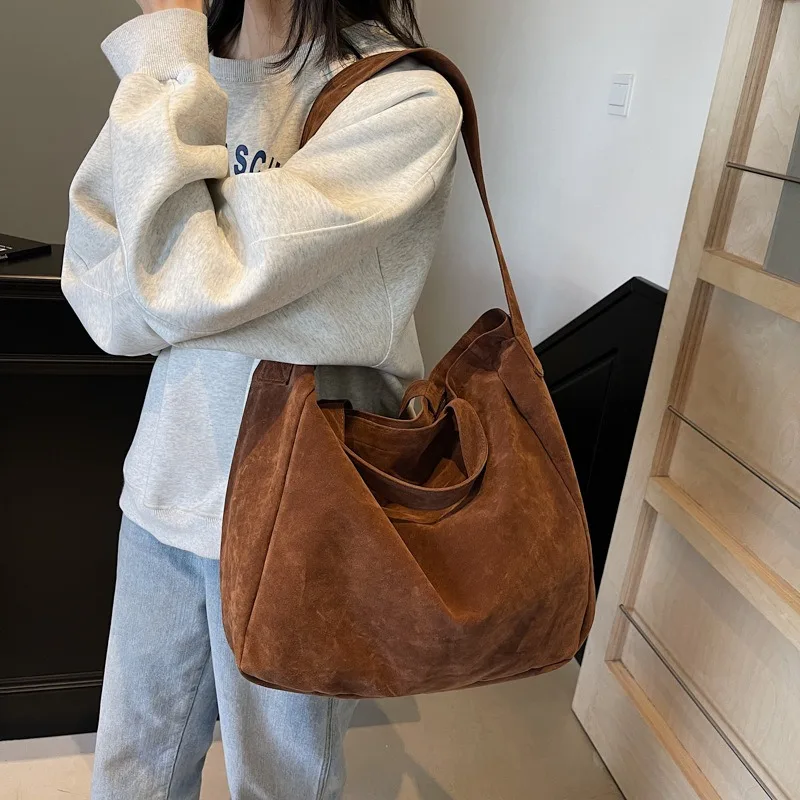 Sacs fourre-tout vintage en daim pour femmes, grand sac à bandoulière initié, sac à livres étudiant coréen, sacs à main, nouvelle mode, 2025