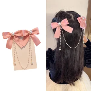 Pince à cheveux élégante avec nœud en perles et pampilles, griffe en velours solide pour enfants, princesse, meilleures épingles à cheveux, nouvelle mode, accessoires de beauté pour cheveux