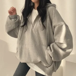 Sweat à capuche Harajuku pour femme, haut de document solide, demi-fermeture éclair, sweat femme décontracté, manches longues, poche, combiné, 2023