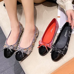 2025 marque Tweed tissu appartements femme couleur mixte noeud papillon ballerines Paillette chaussures dames sans lacet mocassins peu profonds Ballet Mocasines