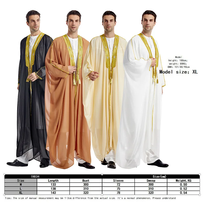 robe musulmane pour hommes, kimono adt abaya, manches longues, brodée, en mousseline de soie, kaftan décontracté, thobe de dubaï
