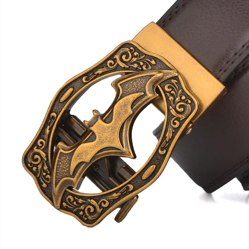 Ceinture à boucle automatique Vintage chauve-souris argent or pour hommes en cuir véritable grande taille grand 130 140 150 160 170cm marron noir ceintures 2024