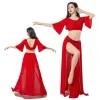 costume de danse du ventre scintillant, tenue de spectacle sur scène de danseuse orientale, haut en gaze à manches longues, jupe fendue sur le côté, spectacle en studio rouge