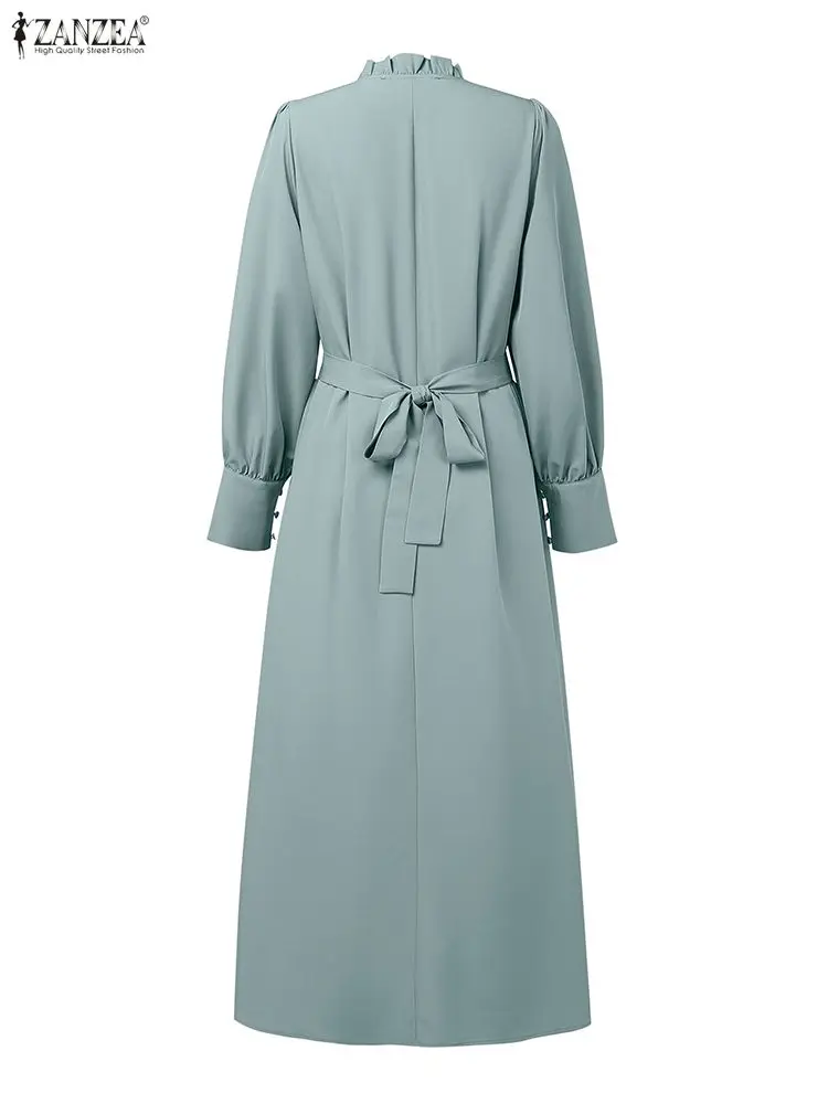 zanzea femmes luxe maxi robes élégant modeste col à volants noué taille à manches longues robe longue musulmane hijabs abaya robes s 3xl
