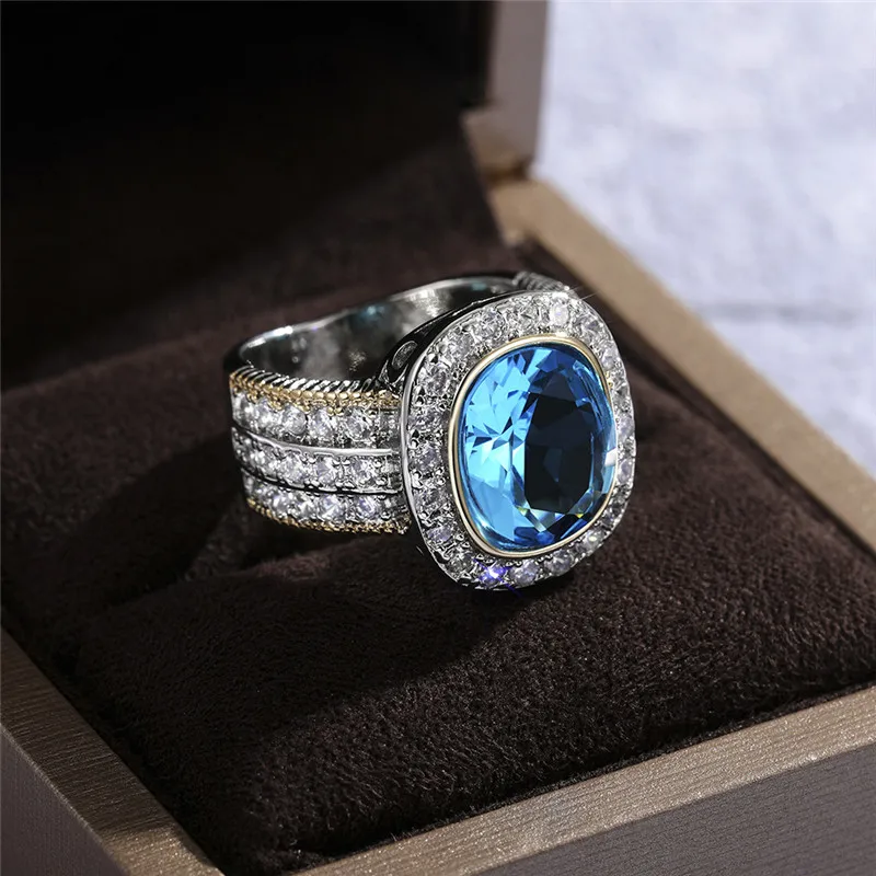 Bagues magnifiques couleur argent pour femmes, grande pierre bleu ciel, Design bicolore, bijoux nobles, cadeau d'anniversaire