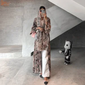 Uni luxe dubaï femmes Abayas Hijab inclus musulman élégant imprimé fleuri plissé ouvert Cardigan à manches longues caftan Uni luxe dubaï femmes Abayas Hijab inclus musulman élégant imprimé fleuri plissé ouvert Cardigan à manches longues caftan