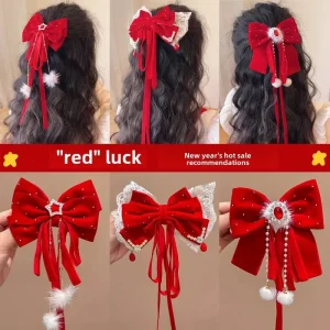 Pince à cheveux de Style chinois pour fille avec nœud, couronne rouge, pince supérieure, couvre-chef de Style Antique pour enfants, accessoire pour cheveux