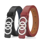 Ceinture en cuir PU pour femmes, 1 pièce, mode argent, boucle à trois cercles, polyvalente, personnalisée, associée à des jeans, nouvelle collection