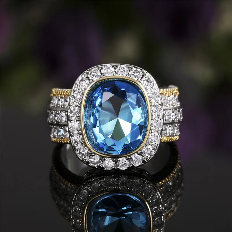 Bagues magnifiques couleur argent pour femmes, grande pierre bleu ciel, Design bicolore, bijoux nobles, cadeau d'anniversaire