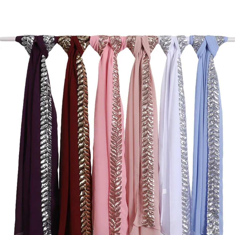 haute qualité perles en mousseline de soie hijab écharpe femmes musulmanes paillettes hijabs bandeau arabe plaine turban châles cheveux accessoires 175*70 cm