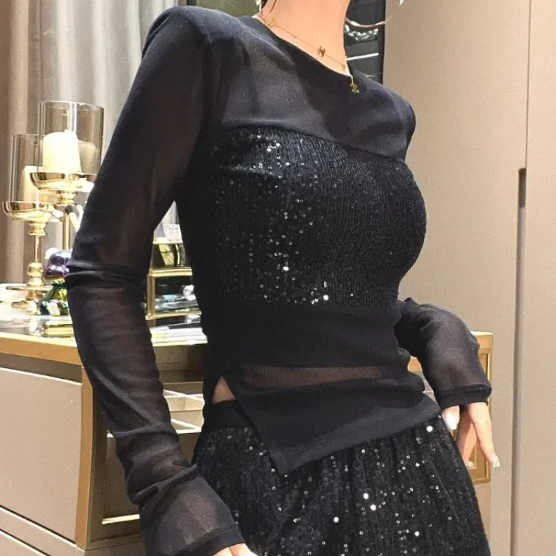 T-shirt à manches longues à paillettes pour femmes, haut en biscuits, paillettes féminines, manches sexy, vêtements de co-avantages, mode Y2k, Corée Emo Semi