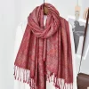 Écharpe de style ethnique imprimée de luxe, longue écharpe hijab jacquard avec pompon fin, turban islamique pour femme