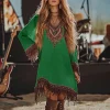 robe de plage ample et décontractée pour femmes, tenue ethnique à franges, longueur aux genoux, col en v, manches longues, vintage, style cowboy occidental