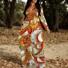 robe longue ornée paisley à manches longues et col en v vêtements de soirée boho élégants pour femmes