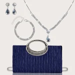 Sac à main plissé pour femmes, sac de soirée luxueux et tendance de couleur pure, avec boucles d&rsquo;oreilles en strass exquises, bracelets, colliers et quatre pièces, chaîne en métal détachable et portefeuille parfait pour les filles