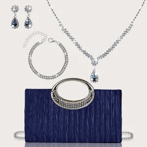 Sac à main plissé pour femmes, sac de soirée luxueux et tendance de couleur pure, avec boucles d&rsquo;oreilles en strass exquises, bracelets, colliers et quatre pièces, chaîne en métal détachable et portefeuille parfait pour les filles