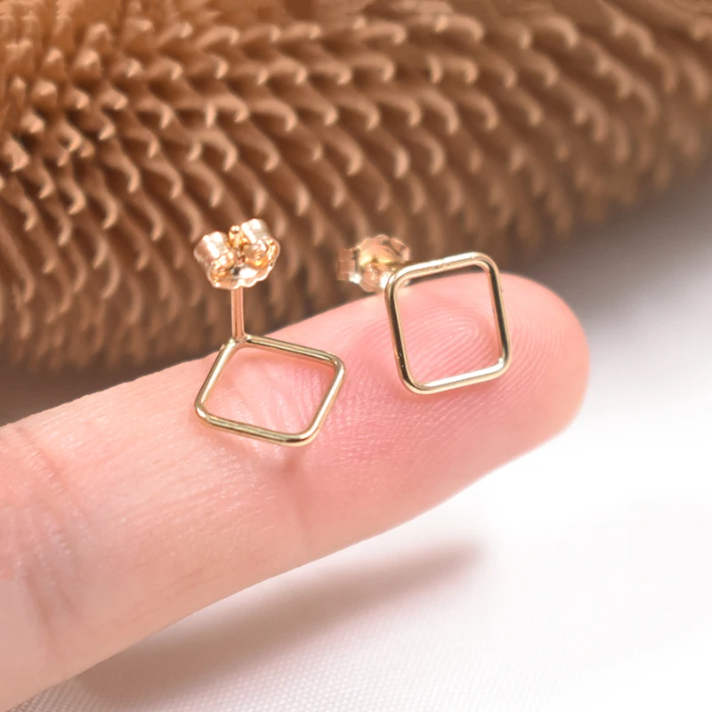 Boucles d'oreilles carrées en or 14K 8mm pour femmes, bijoux minimalistes, style Boho