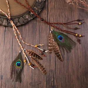 Bandeau femme mode bandeau indien chapeaux plume coiffure cheveux accessoires GiftRetro Boho paon plume tressé corde