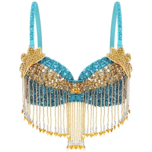 Haut de danse du ventre à paillettes pour femmes, vêtements de club de fête de Festival de Raves, soutien-gorge à glands perlés, Costumes de spectacle sur scène de danse d&rsquo;halloween