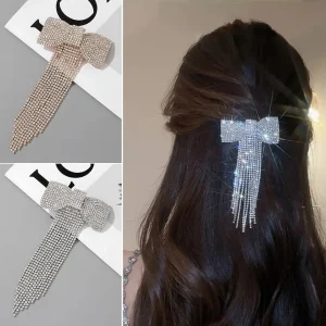 Épingle à cheveux à franges avec nœud en strass pour femmes, pince à cheveux de tempérament à la mode, accessoires de cheveux de luxe légers coréens, couleur or argent