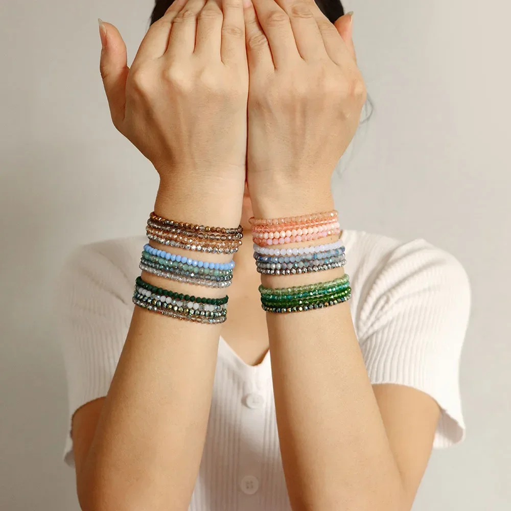 Ensemble de 4 pièces de perles de verre à facettes, Bracelet extensible pour femmes et hommes, perles de cristal, corde élastique multicolore, bijoux faits à la main