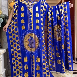 Robe d&rsquo;été en coton à manches courtes pour femme, boubou, maxi islam, grande écharpe, africain, abaya, estampage doré, design pomme, nouveau