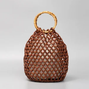 Sac à main tissé en perles de bois fait à la main, sac seau creux Vintage à Double poignée en bambou d&rsquo;été, pochette de transport de grande capacité pour femmes