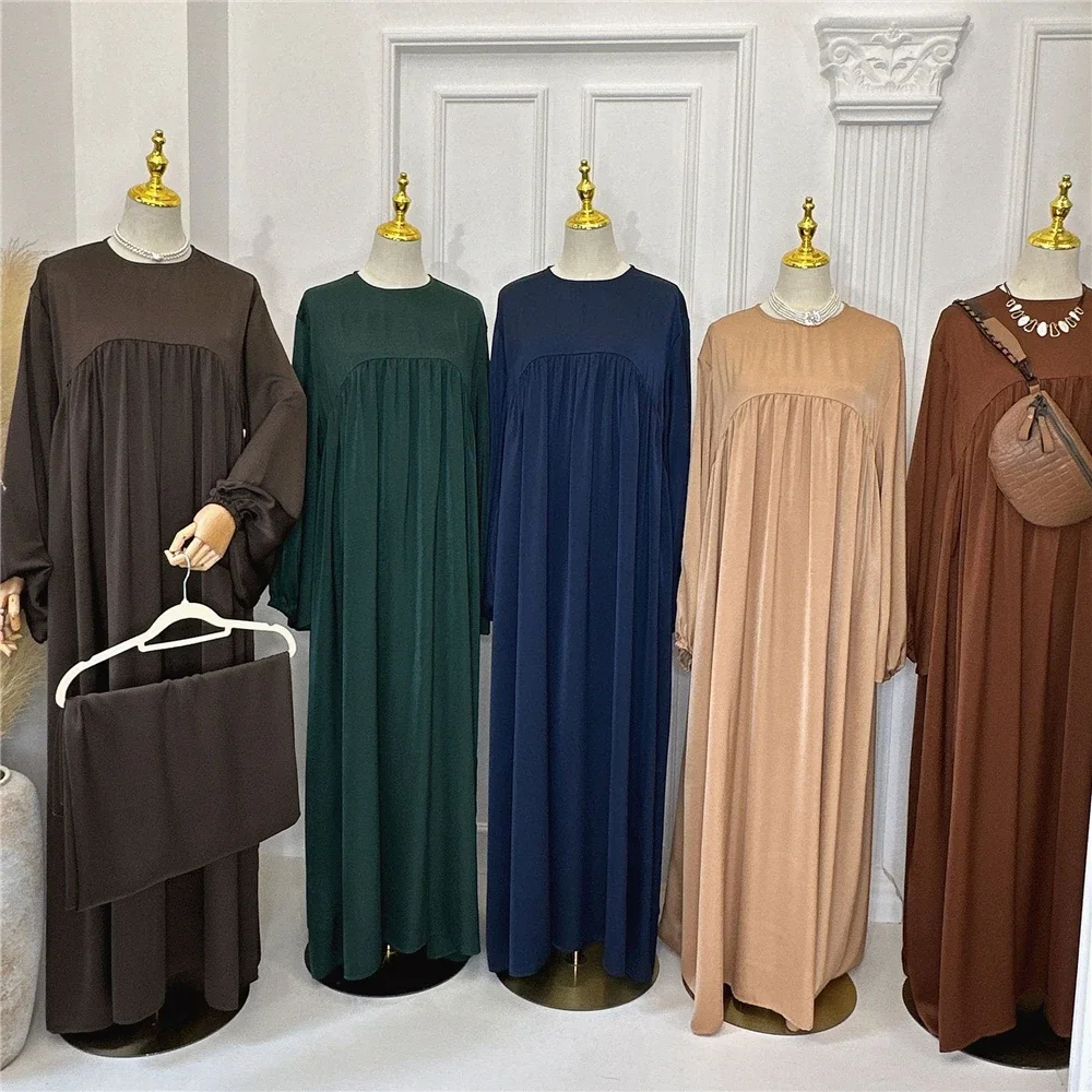 abaya robe longue musulmane unie pour femmes, manches ballon eid, robe islamique avec écharpe, robes africaines, dubaï, caftan de modestie turque