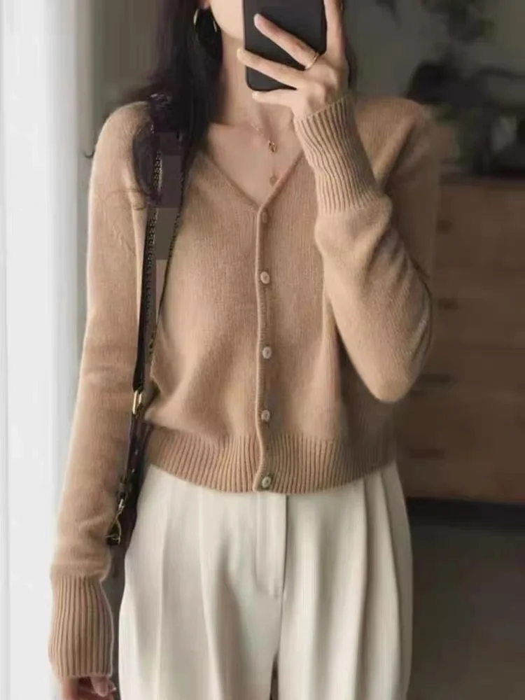 cardigan court en cachemire pur 100 pour femmes, haut à col en v d'automne, manteau tricoté élégant de style européen
