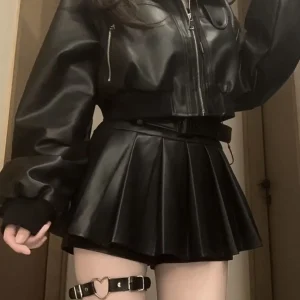 Y2K – ensemble deux pièces en cuir noir pour femmes, Harajuku Punk High Street, robe gothique Sexy pour moto, veste à fermeture éclair, jupe plissée