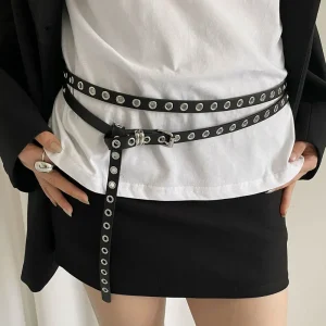 Ceinture fine Punk à Double boucle, rétro, Double couche, chaîne de taille, rivets, boucle à œillets, ceintures réglables en cuir PU de haute qualité