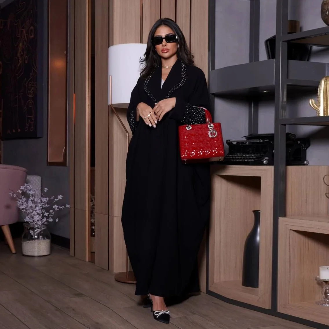 arabe dubaï femmes veste noire industrie lourde robe de diamant chaud abaya mode cardigan taille unique robe